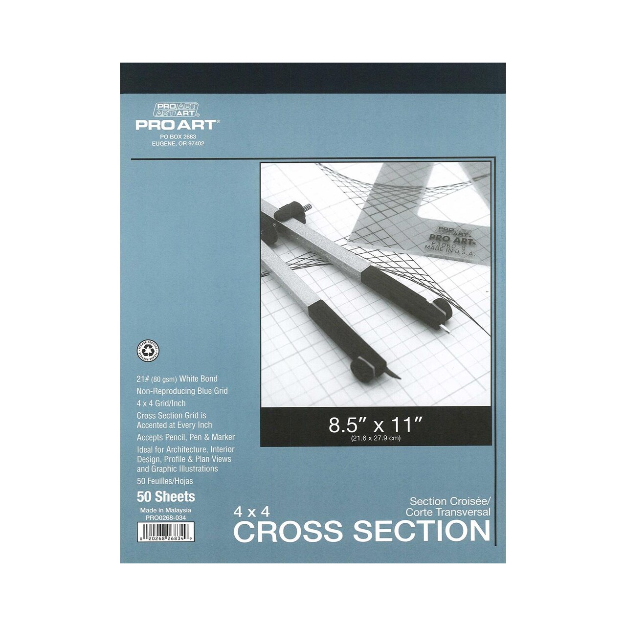 Pro Art Graph Paper Notebook 8.5 x 11, Cross Section Pad with 4x4 Grid/In, 50 Sheets, Engineering Graphing Paper, Grid Notebook for Math, Science & Design